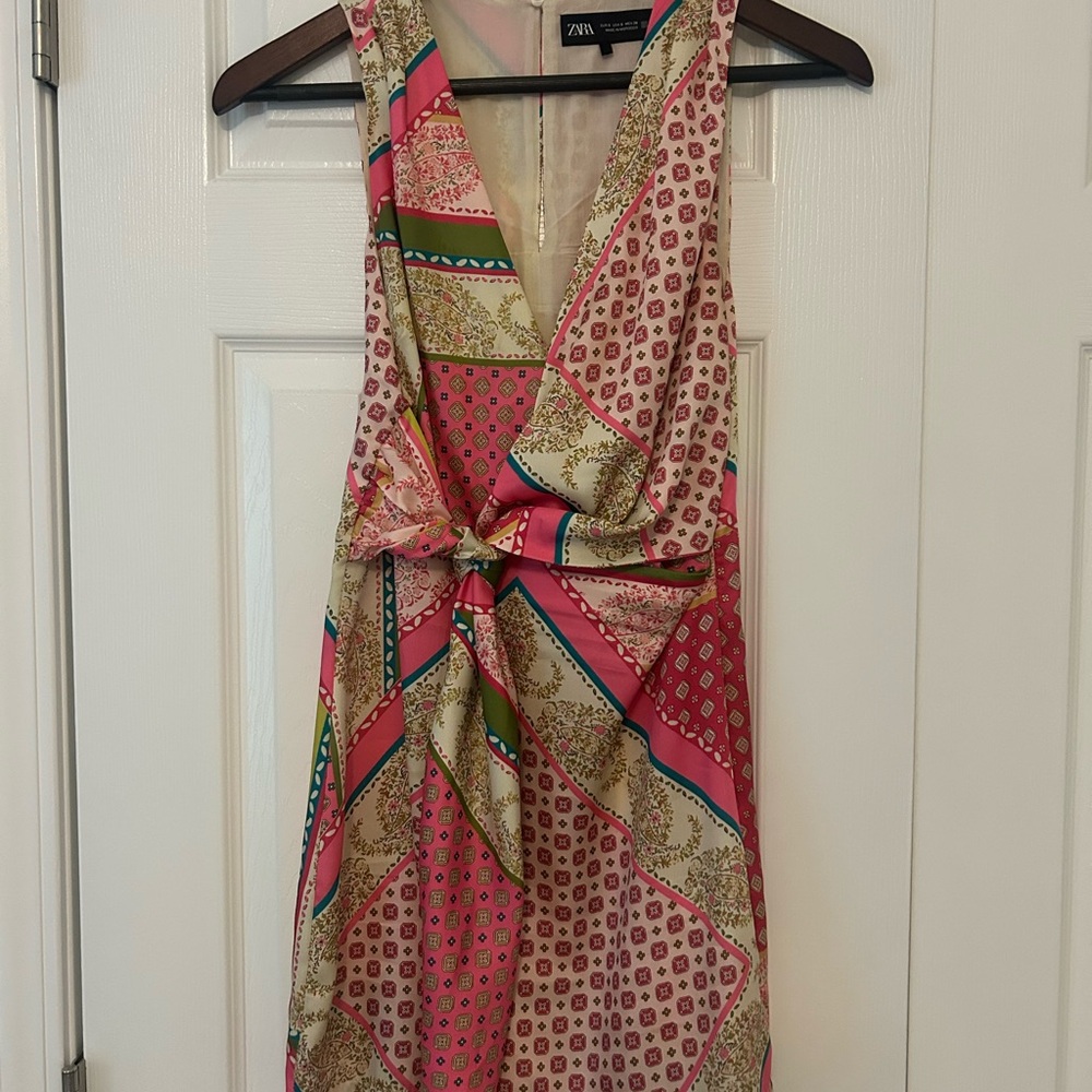 Zara Pink and Green Tie Front Mini Dress